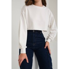 Zechka Ekru Pamuklu 3 Iplik Örme Crop Sweatshirt (ZCK0557)