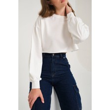 Zechka Ekru Pamuklu 3 Iplik Örme Crop Sweatshirt (ZCK0557)