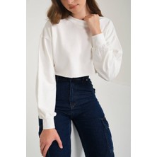 Zechka Ekru Pamuklu 3 Iplik Örme Crop Sweatshirt (ZCK0557)