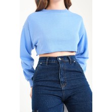 Zechka Mavi Pamuklu 3 Iplik Örme Crop Sweatshirt (ZCK0557)