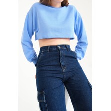 Zechka Mavi Pamuklu 3 Iplik Örme Crop Sweatshirt (ZCK0557)