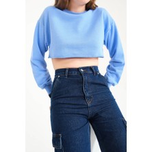 Zechka Mavi Pamuklu 3 Iplik Örme Crop Sweatshirt (ZCK0557)