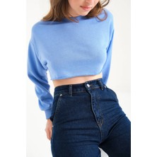 Zechka Mavi Pamuklu 3 Iplik Örme Crop Sweatshirt (ZCK0557)