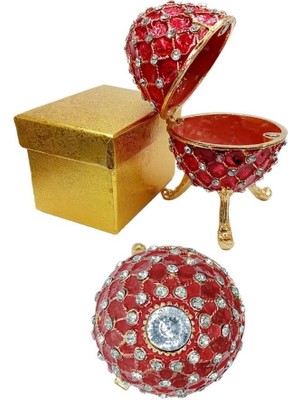 Dünyadan Hediyeler Faberge Yumurta Swarovski Taşlı Lüks Mücevher Kutusu Kırmızı 10 cm