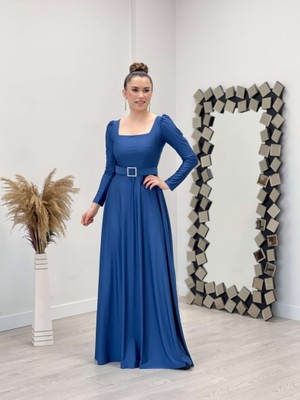 giyimmasalı Krep Saten Kumaş Kare Yaka Kiloş Elbise - Indigo Mavi