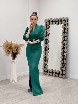 giyimmasalı Scuba Kumaş Dik Yaka Elbise - Zümrüt Yeşil