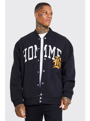 Newland Oversize Siyah Bomber Kolej Ceket Erkek Uzun Kol Grafik Desenli