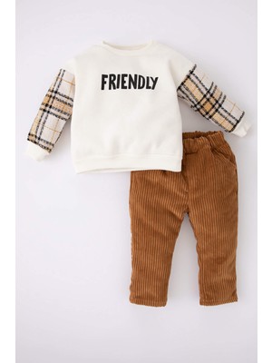 DeFacto Erkek Bebek Regular Fit Baskılı Sweatshirt Kadife Pantolon Takım Y9098A222AU