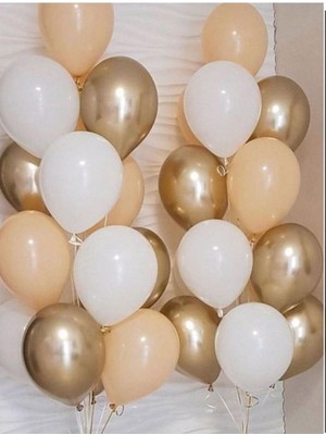 Bal10 Dünyası Pastel Ten Beyaz ve Krom Gold Balon ve Balon Zinciri 30 Adet + Rafya Şerit