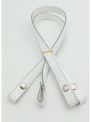 Angel Çanta Aksesuar Çift Kat Dikişli Suni Deri Beyaz Çıtçıtlı Çanta Sapı 70 cm Gümüş Metalli