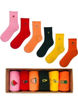 Ays Socks Boutique 6'lı Meyveli Nakışlı Renkli Çorap Kutusu