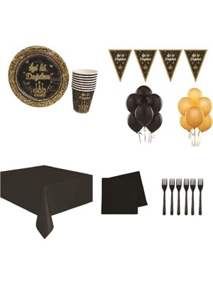 Çıtı Pıtı Store Siyah Gold Yetişkin Doğum Günü Parti Malzemeleri Süsleri Seti 16 Kişilik