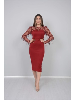 giyimmasalı Scuba Kumaş Pul Saçaklı Elbise - Bordo