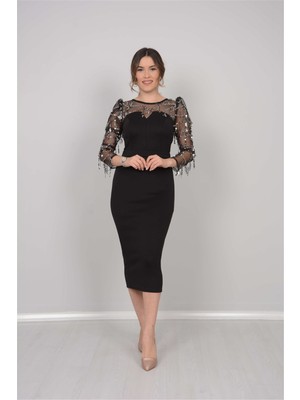 giyimmasalı Scuba Kumaş Pul Saçaklı Elbise - Gümüş