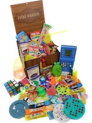 Nostaljik Lezzetler Ahşap Gıda ve Oyuncak Kutusu Mavi Tetris İyi Ki Varsın Yazılı