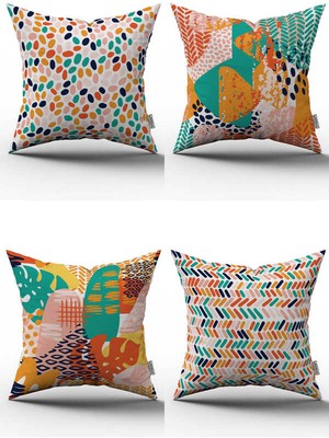 Cango Home Turuncu Yeşil Tropik Geometrik Desenli Dijital Baskılı Kırlent Kılıfı Seti 4KMBS247