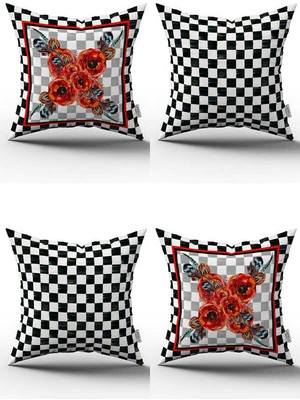 Cango Home Kırmızı Siyah Kareli Çiçek Desenli 4lü Dijital Baskılı Kırlent Kılıfı Seti - 4KMBS248