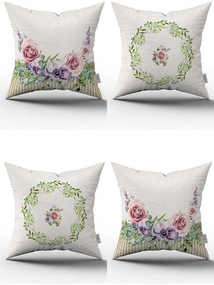 Cango Home Krem Pembe Çiçek Desenli 4lü Dijital Baskılı Kırlent Kılıfı Seti - 4KMBS257
