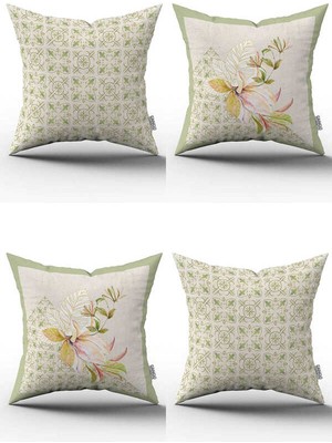 Cango Home Yeşil Krem Dekoratif Çiçek Desenli 4lü Dijital Baskılı Kırlent Kılıfı Seti - 4KMBS262