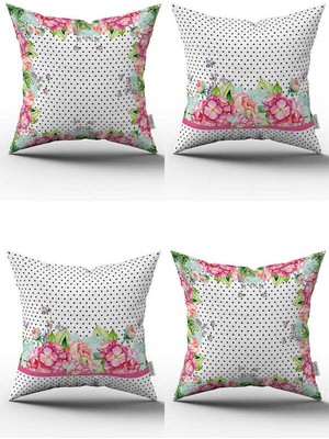 Cango Home Pembe Beyaz Puantiyeli Çiçek Desenli 4lü Dijital Baskılı Kırlent Kılıfı Seti - 4KMBS265