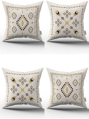 Cango Home Krem Siyah Etnik Kilim Desenli 4lü Dijital Baskılı Kırlent Kılıfı Seti - 4KMBS267