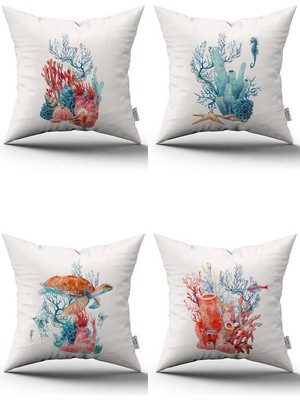 Cango Home Kırmızı Mavi Marin Desenli 4lü Dijital Baskılı Kırlent Kılıfı Seti - 4KMBS278