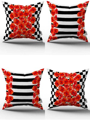 Cango Home Kırmızı Siyah Kareli Çizgili Çiçek Desenli 4lü Dijital Baskılı Kırlent Kılıfı Seti - 4KMBS259