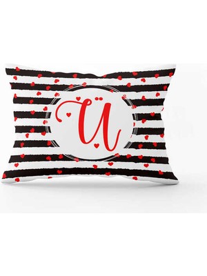 Cango Home Siyah Beyaz Çizgili Kırmızı Kalp Desenli Çift Tarafı Dijital Baskılı Kırlent KILIFI-HRF07-UU-3550