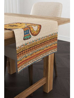 Cango Home Krem Etnik Fil Desenli Dijital Baskılı Runner -CGH1266-RN