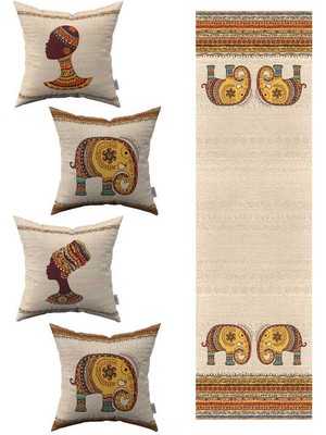 Cango Home Krem Etnik Afrika Figürlü Fil Desenli 4lü Kırlent Kılıfı 1 Runner Seti 4KMBS302-RS-1