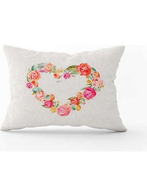 Cango Home Krem Çok Renkli Çiçekli Kalp Desenli Dijital Baskılı Kırlent Kılıfı CGH1032-3550 Çift Tarafı Baskılı