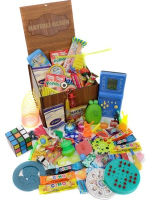 Nostaljik Lezzetler Ahşap Gıda ve Oyuncak Kutusu Mavi Tetris Hayırlı Olsun Yazılı