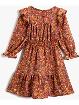 Koton Çiçekli Fırfırlı Elbise Uzun Kollu