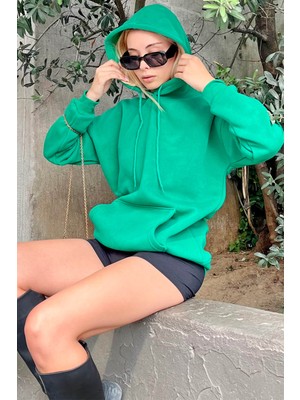 Swist Yeşil Kapüşonlu Içi Pamuklu Kadın Basic Sweatshirt
