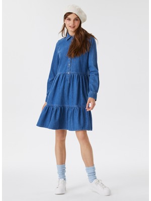 Lee Cooper Gömlek Yaka Düz Standart Koyu Mavi Kadın Elbise 231 Lcf 144002 Dıane Denım