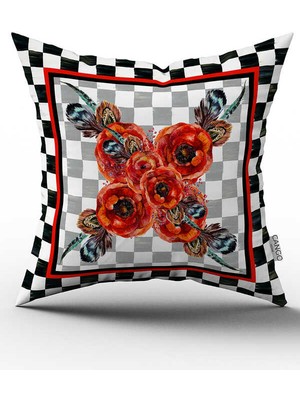 Cango Home Kırmızı Siyah Çiçek Desenli Dijital Baskılı Kırlent Kılıfı Cgh1048