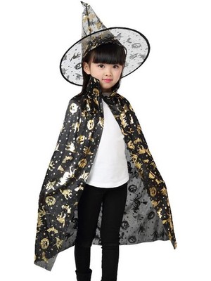 Pandoli Halloween Ürkünçler Baskılı Çocuk Cadı Şapkası ve Cadı Pelerini Seti 80 cm Altın Renk