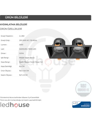 Ledhouse 2x8 W Ikili Kare Smd LED Sıva Altı Spot Lamba Tavan Armatür ( Rose Kasa - 6500K Beyaz Işık )