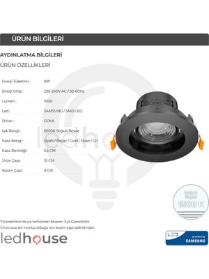 Ledhouse 8 W Yuvarlak Smd LED Sıva Altı Spot Lamba Tavan Armatür ( Siyah Kasa - 6500K Beyaz Işık )