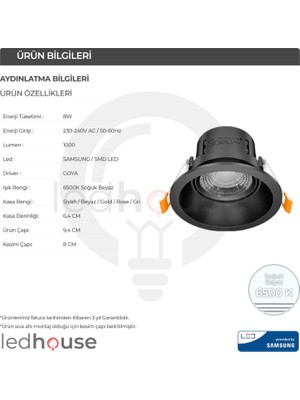 Ledhouse 8 W Yuvarlak Smd LED Sıva Altı Spot Lamba Tavan Armatür ( Beyaz Kasa - 6500K Beyaz Işık )