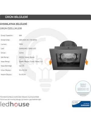 Ledhouse 8 W Kare Smd LED Sıva Altı Spot Lamba Tavan Armatür ( Siyah Kasa - 6500K Beyaz Işık )