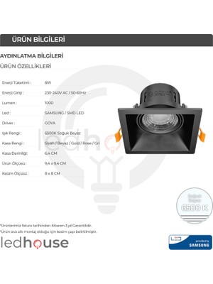 Ledhouse 8 W Kare Smd LED Sıva Altı Spot Lamba Tavan Armatür ( Gold Kasa - 6500K Beyaz Işık )