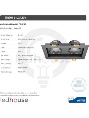 Ledhouse 2x8 W Ikili Kare Smd LED Sıva Altı Spot Lamba Tavan Armatür ( Beyaz Kasa - 6500K Beyaz Işık )