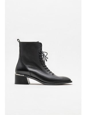 Elle Siyah Deri Kadın Topuklu Bot