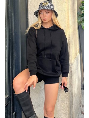Swist Siyah Kapüşonlu Içi Pamuklu Kadın Basic Sweatshirt
