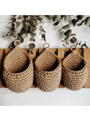 Jüt Home Jüt Hasır Ahşap Saplı Duvar Sepeti 3'lü Set