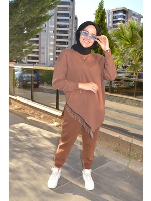 Asela Kahverengi Zincir Detay Bisiklet Yaka Uzun Sweat