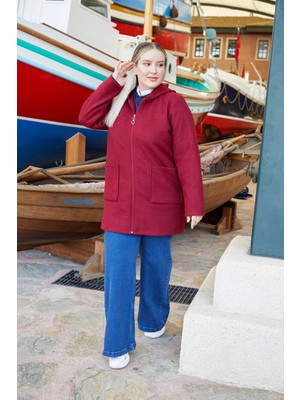 Rmg Cep Detaylı Kapşonlu Büyük Beden Bordo Keçe Ceket