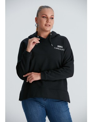Rmg Yanları Fermuar Detaylı Büyük Beden Siyah Sweatshirt