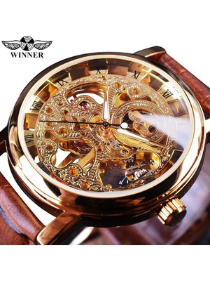 Sewor Winner Gold Renk Kurmalı Mekanizma Erkek Kol Saati Metal Kasa Suya Dayanıklı 1 ATM